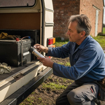 Technician inspecting off-grid lithium battery