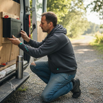 Camper installing solar battery in van