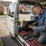 Solar installer working with battery packs in van