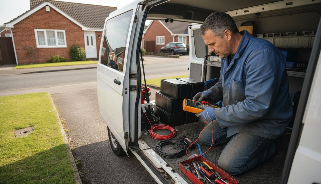 Solar installer working with battery packs in van