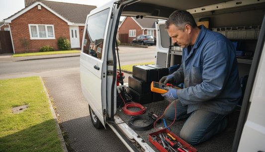 Solar installer working with battery packs in van