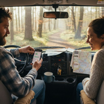 Couple using Bluetooth battery monitor in camper