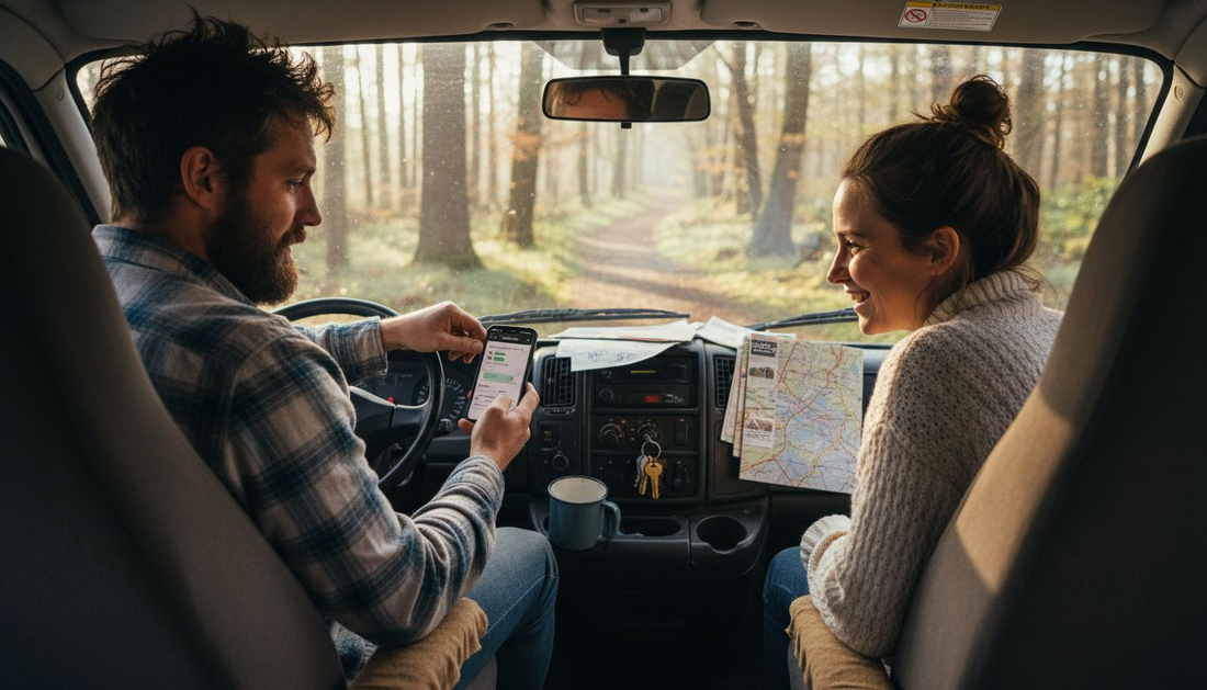 Couple using Bluetooth battery monitor in camper