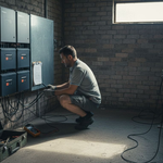 Technician troubleshooting off-grid battery system