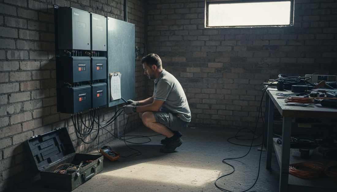 Technician troubleshooting off-grid battery system
