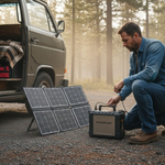 Man setting up modular battery for off-grid camper