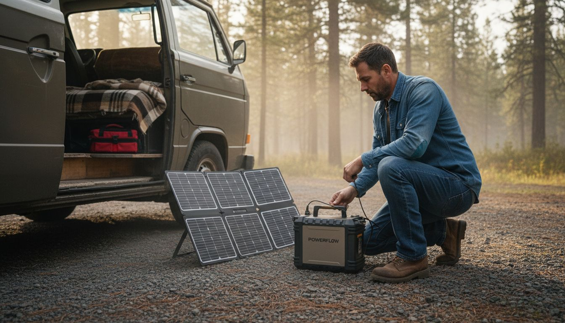 Man setting up modular battery for off-grid camper