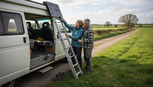 Couple setting up solar panels on campervan in UK meadow