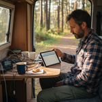 Man calculating campervan battery needs inside