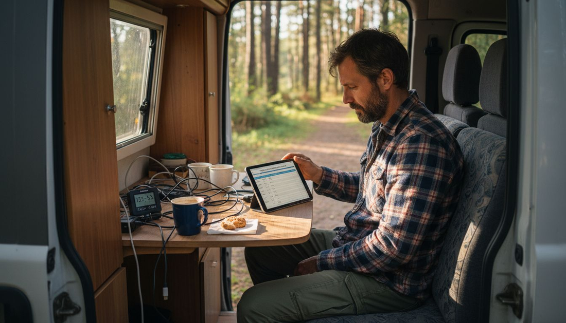 Man calculating campervan battery needs inside