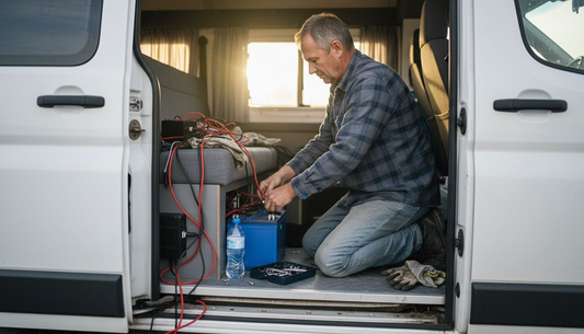 Man installing lithium battery in campervan interior