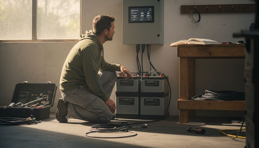 Technician inspecting off-grid battery bank