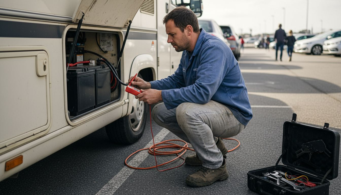 Technician inspecting lithium battery in campervan