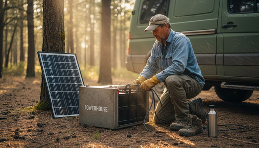 Man connecting campervan to off-grid battery