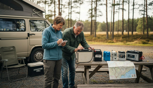 Couple comparing campervan battery types outdoors