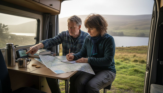 Couple checking battery monitor in camper van