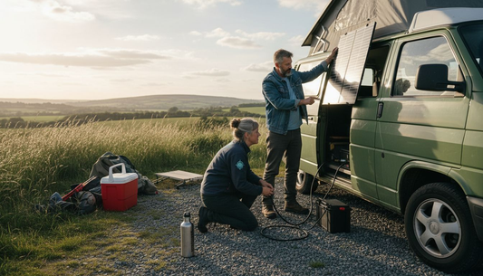 Couple connecting solar panels to campervan