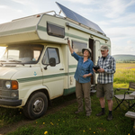 Couple with solar motorhome in countryside