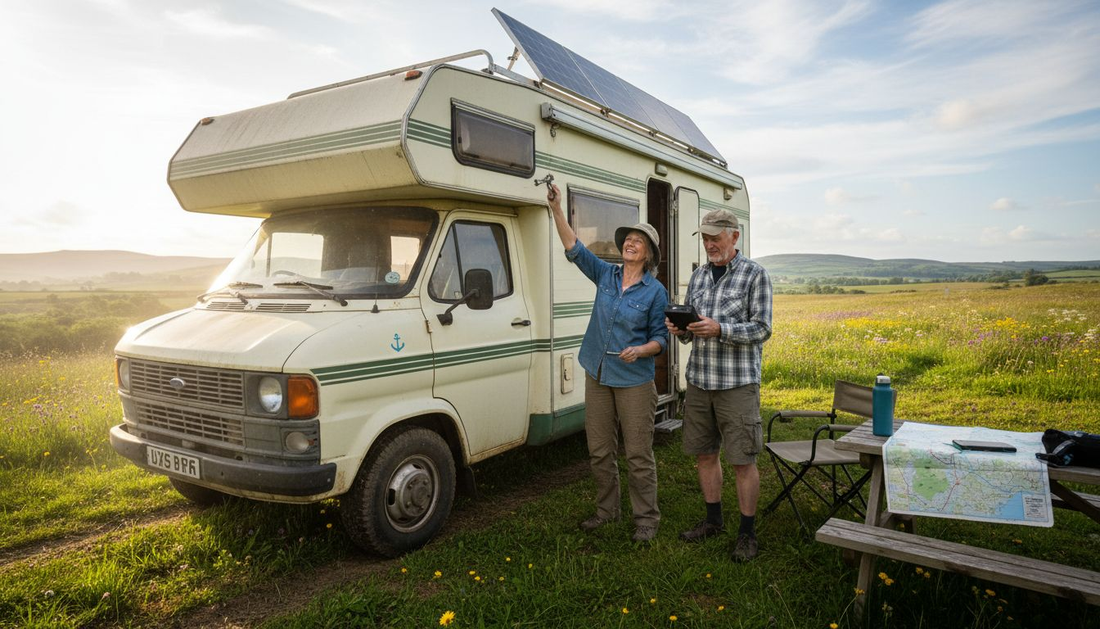 Couple with solar motorhome in countryside