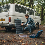 Man setting up campervan solar charging in woodland