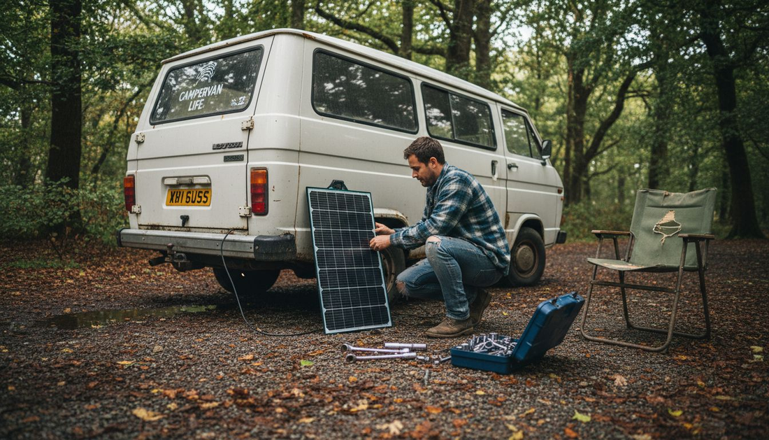 Man setting up campervan solar charging in woodland