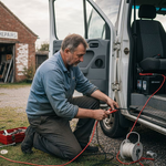 Technician installing campervan batteries outdoors
