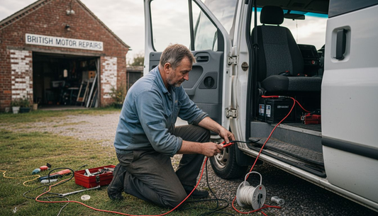 Technician installing campervan batteries outdoors