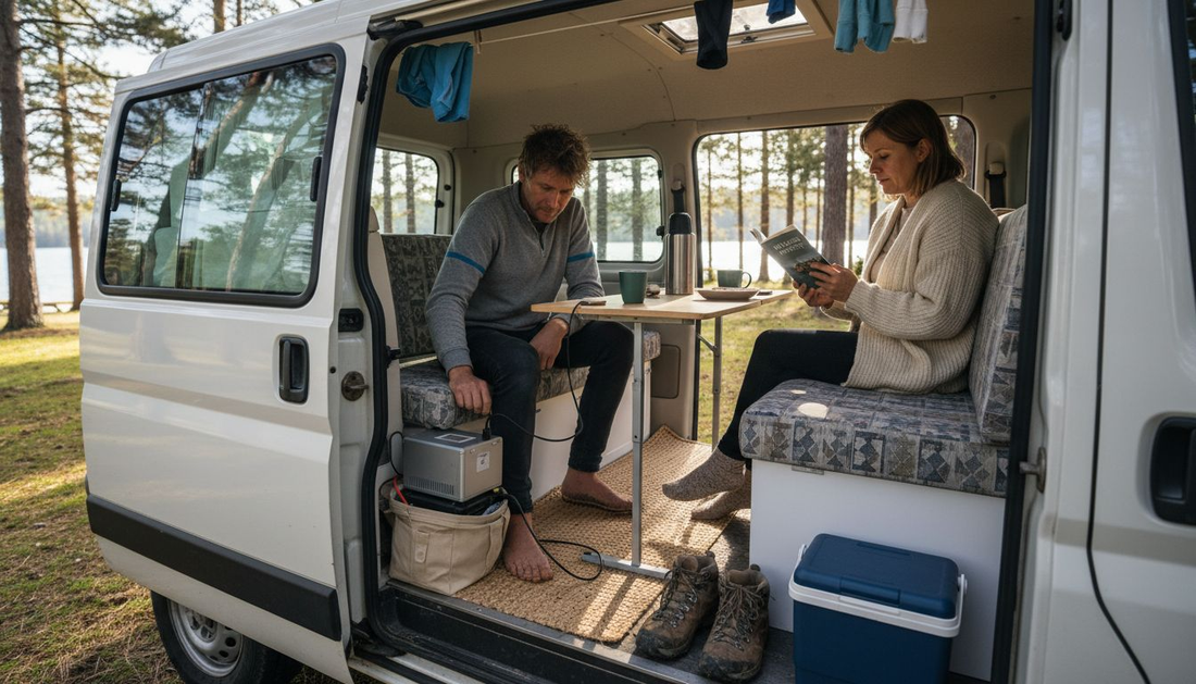 Couple using campervan energy system at lakeside camp