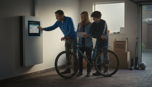 Family checking home battery system in UK garage