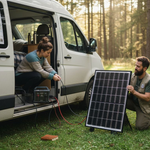 Couple setting up solar and battery system in campervan