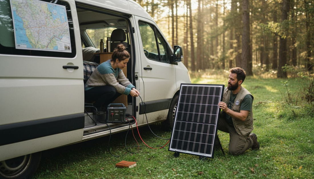 Couple setting up solar and battery system in campervan