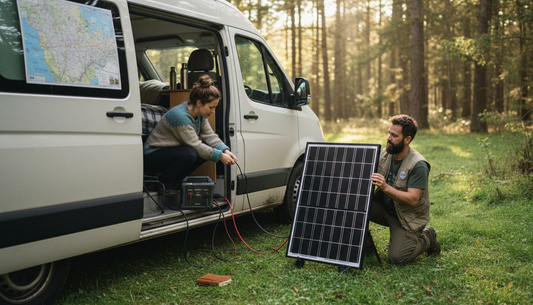 Couple setting up solar and battery system in campervan