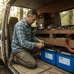 Man installing solar battery system in camper van