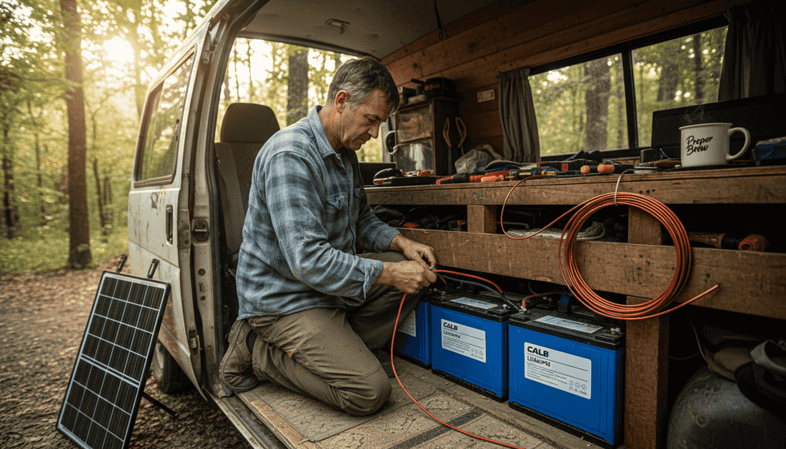Man installing solar battery system in camper van
