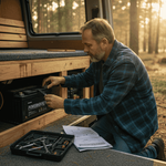 Man inspecting leisure battery in campervan