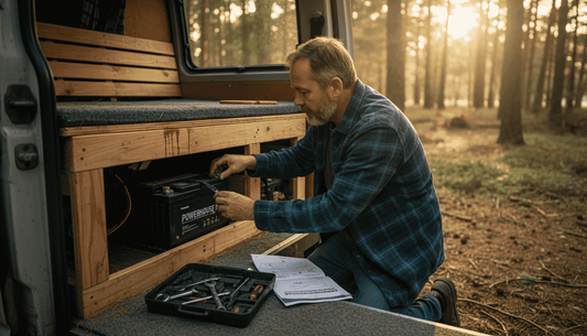 Man inspecting leisure battery in campervan