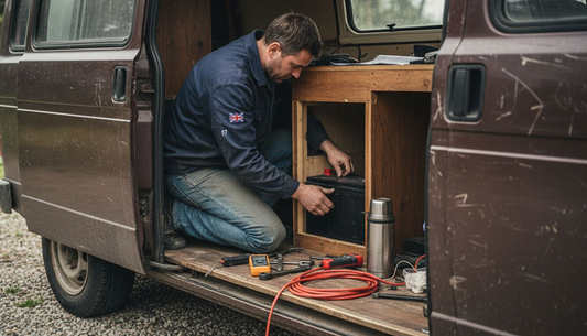 Technician installing campervan battery under workbench