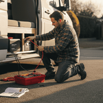 Campervan owner installing lithium battery