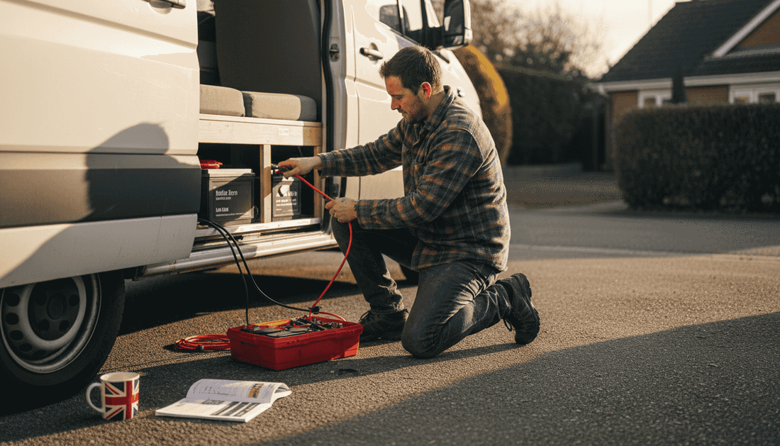 Campervan owner installing lithium battery