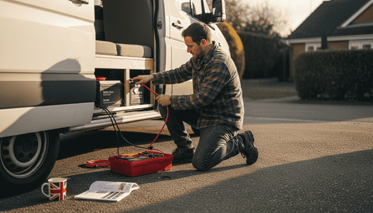 Campervan owner installing lithium battery