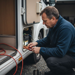 Man inspecting campervan battery compartment