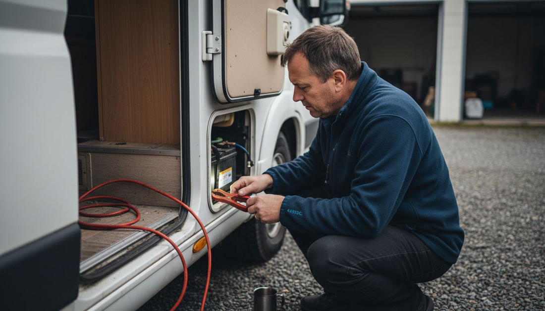 Man inspecting campervan battery compartment