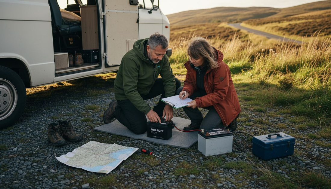 Couple installing campervan lithium battery outdoors