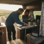 Couple using energy devices in campervan