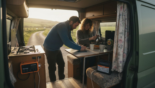 Couple using energy devices in campervan