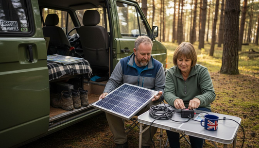 Couple connecting portable solar panel campervan