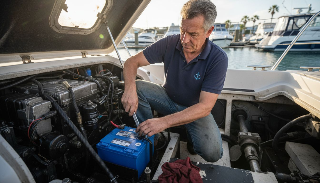 Boat owner installing lithium battery aboard cabin cruiser
