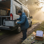 Campervan owner installing lithium battery