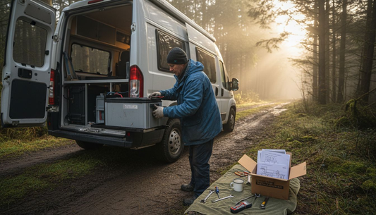 Campervan owner installing lithium battery