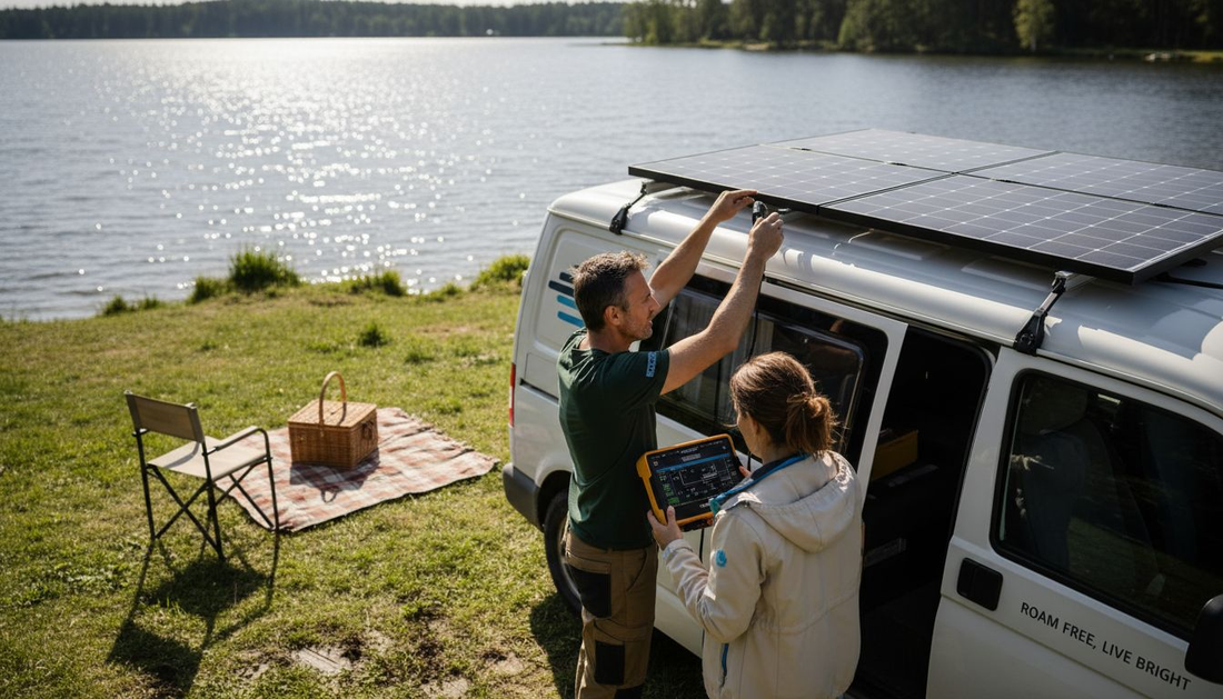 Couple installing solar panels on campervan